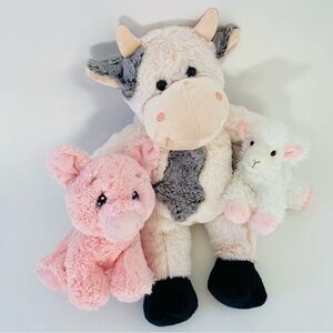 EUC Set of THREE Barnyard Stuffed Animals, Cute Furry Soft Pig, Cow, Lamb Toys
